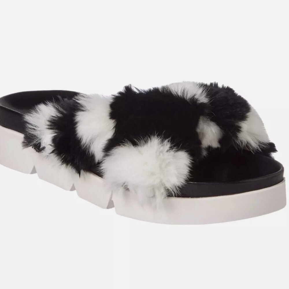 Stuart Weitzman Womens Sublime Fox Fur Slides Mules Black White Size 6